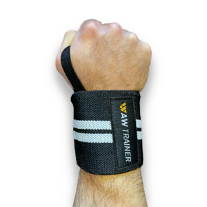 Image de bandes de poignets noirs avec écrit aw trainer dessus permettant de soutenir les poignets pour la musculation
